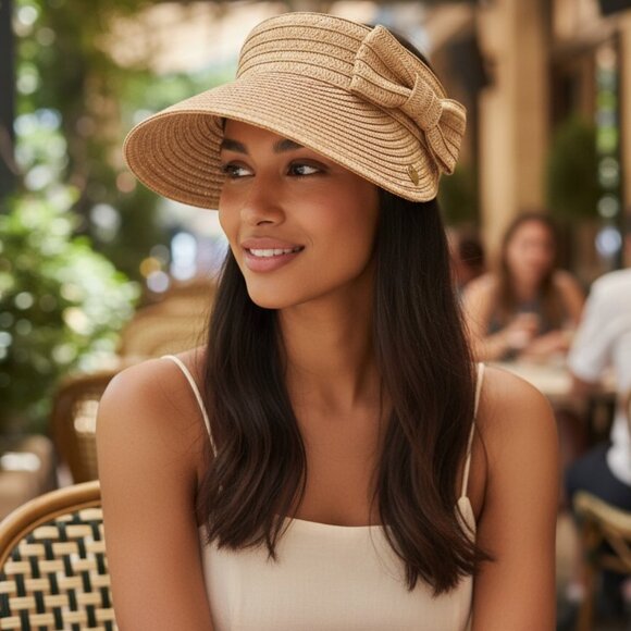 BETSEY JOHNSON Blush Mauve Paper Hat Cabow Cutie Straw Sun Visor Wide Brim - Picture 16 of 16